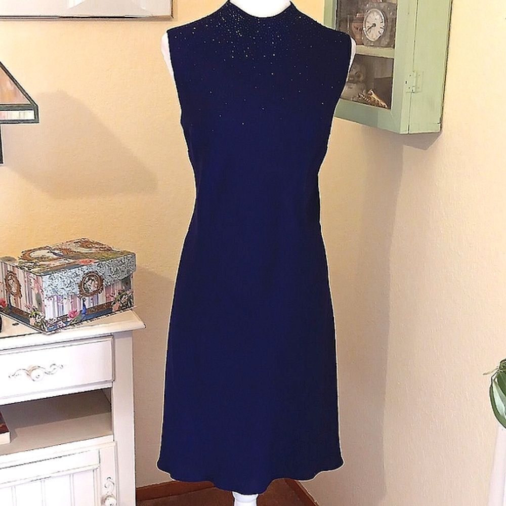 Evan-Picone Dark Purply Blue Dress with Beaded Detail. Classic. Dressy. Elegance